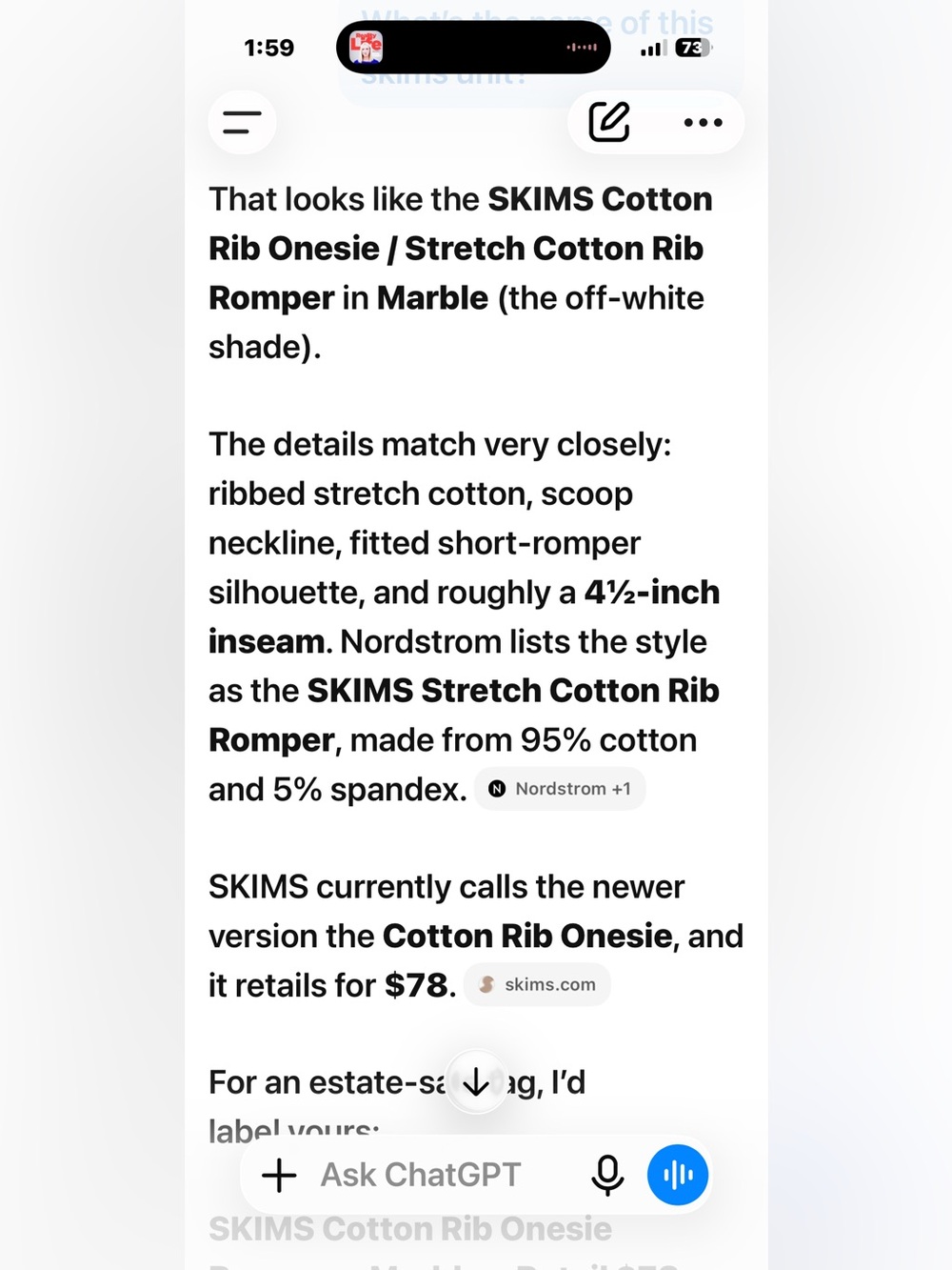 SKIMS Cotton Rib Onesie in Marble Size Medium - Picture 10 of 11